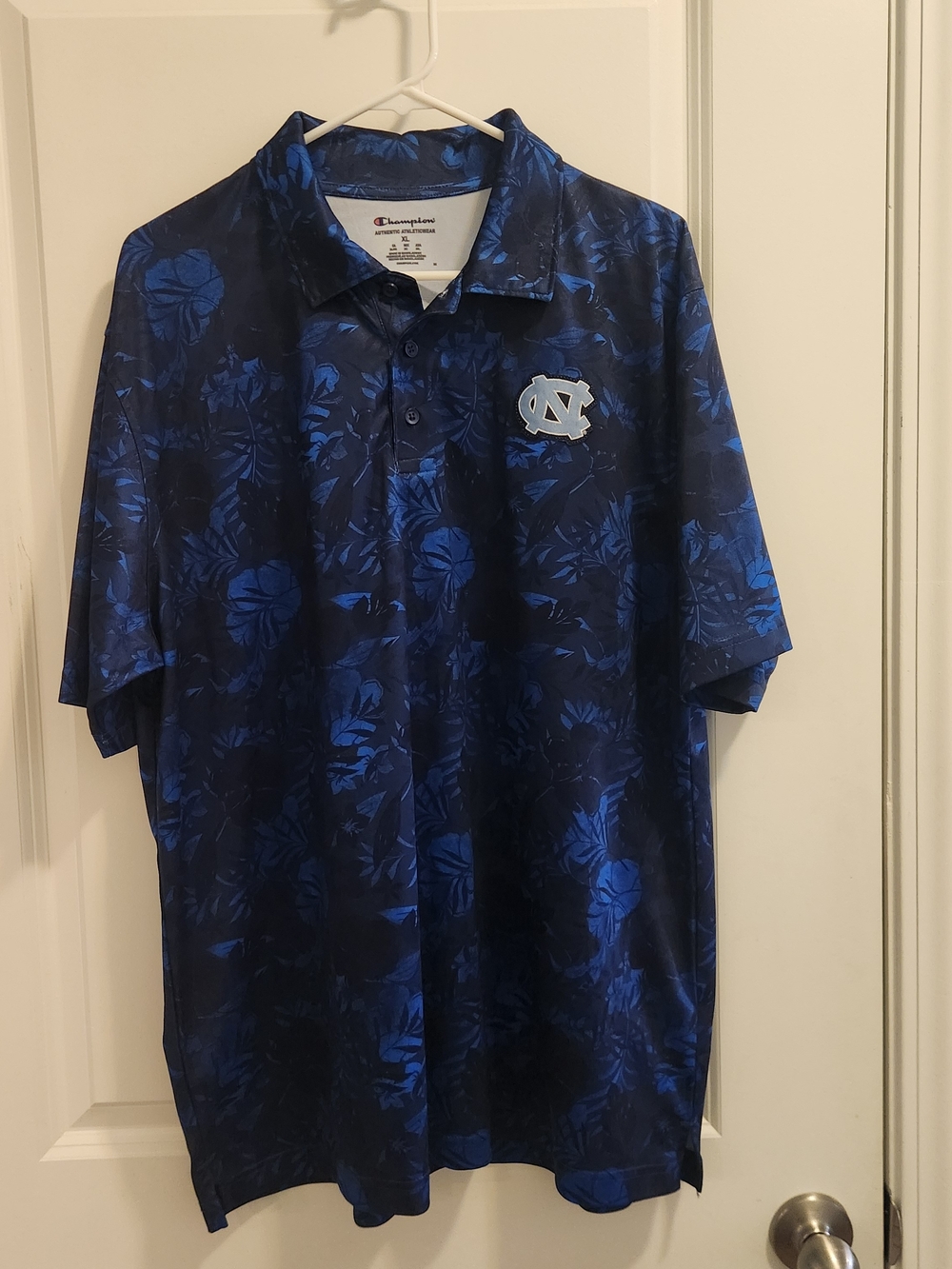 Champion Men's Blue Floral Polo with UNC Tarheels